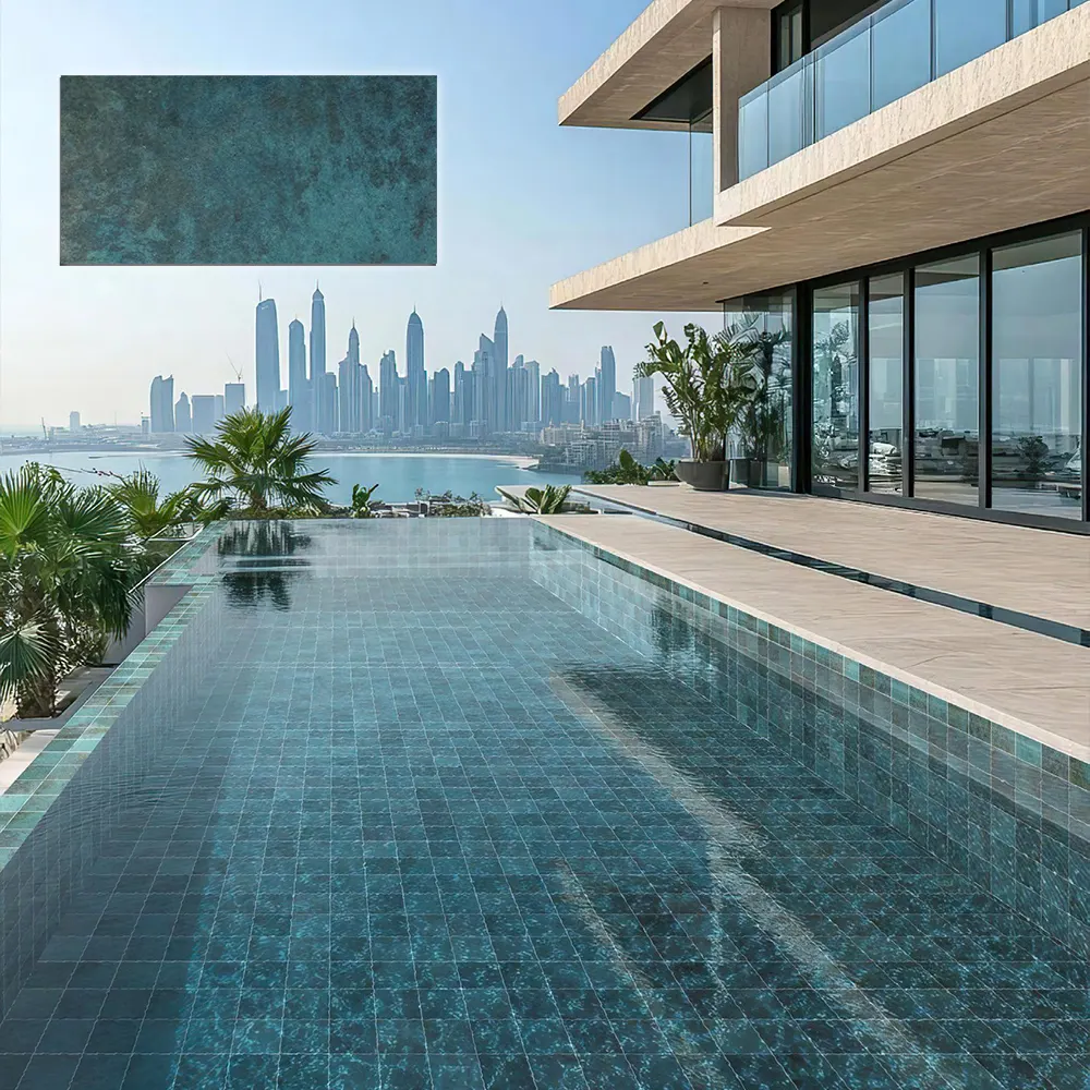 Non-Slip Stone-Look Green Matte Porcelain Swimming Pool Tile 300x600mm