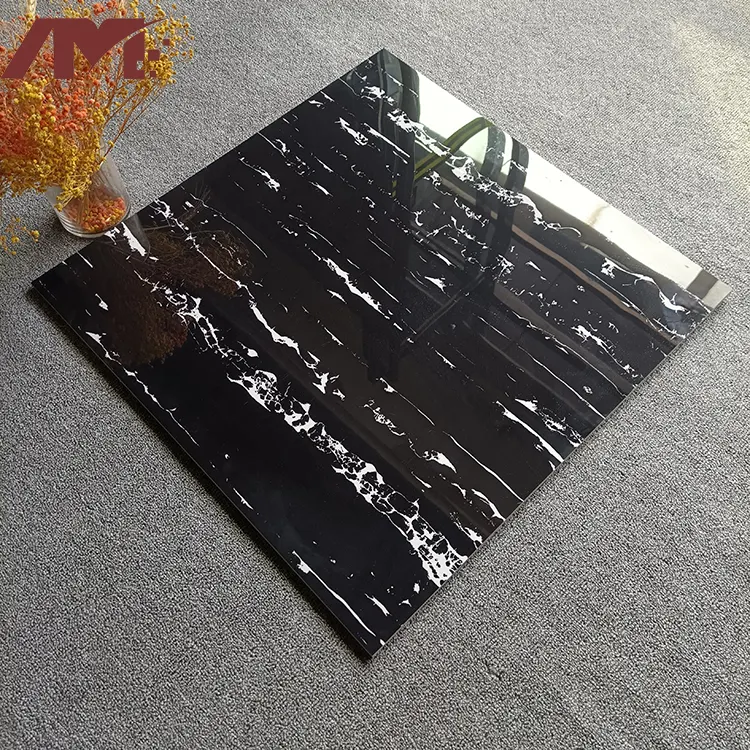 Marble-Look Black Polished Porcelain Floor Tile 600x600mm