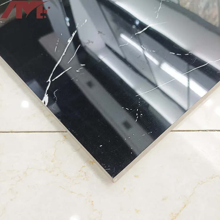 Marble-Look Black Glossy Porcelain Floor Tile 600x600mm