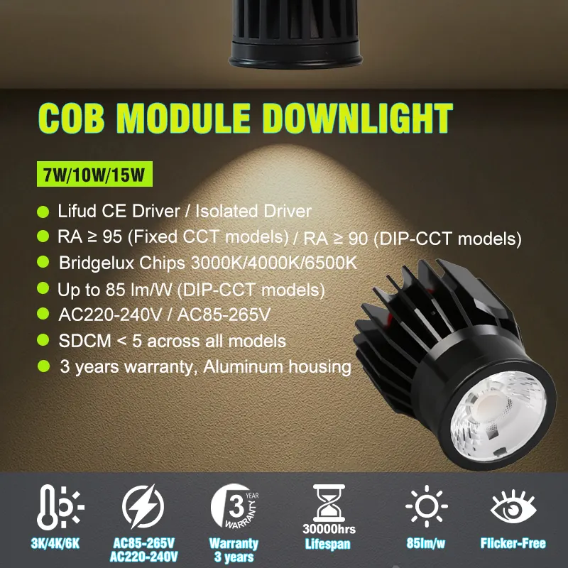 Adjustable Recessed Aluminum COB LED Downlight 7-15W 3000K/4000K/6500K