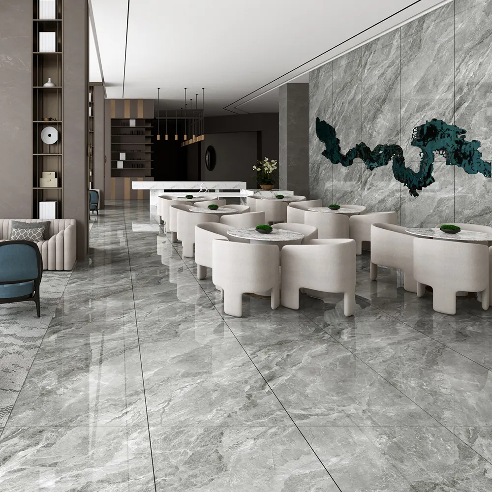 Marble-Look Gray Glossy Ceramic Floor Tile 900x1800mm