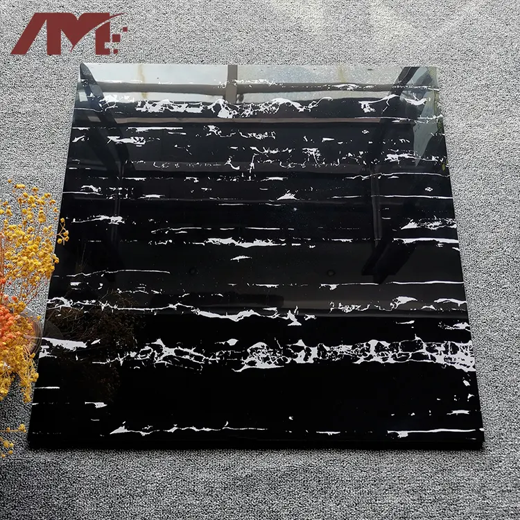 Marble-Look Black Polished Porcelain Floor Tile 600x600mm