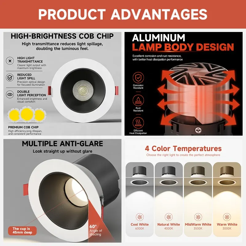 Adjustable Recessed Aluminum COB LED Downlight 15W