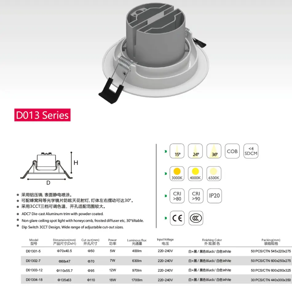 Adjustable Dimmable Recessed LED Downlight 5-18W