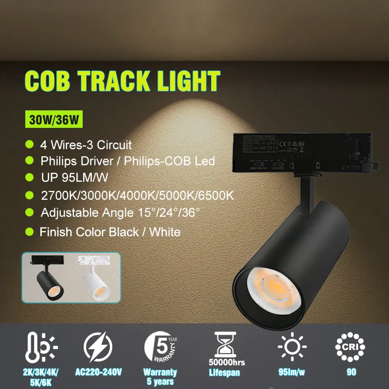 Aluminum COB LED Track Spotlight 20/30W 220V for 4-Wire Track