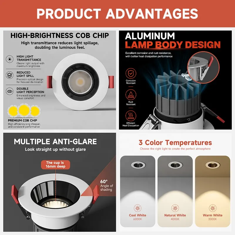 Anti-Glare Recessed Aluminum COB LED Downlight 5W