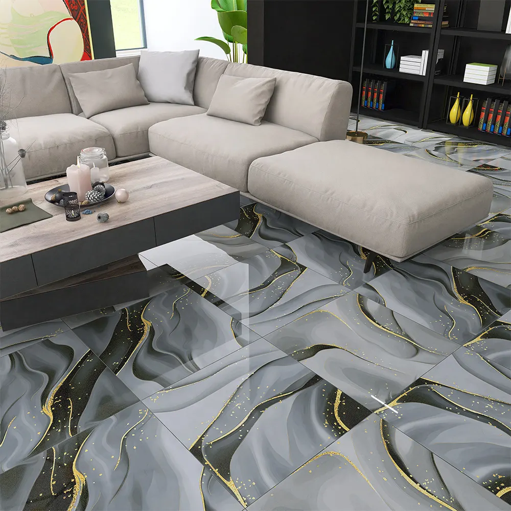 Non-Slip Marble-Look Gold Polished Porcelain Floor Tile 600x600mm