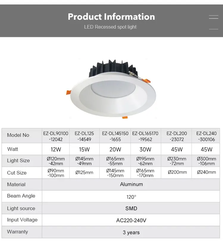 Recessed Aluminum LED Downlight 12-45W product sample