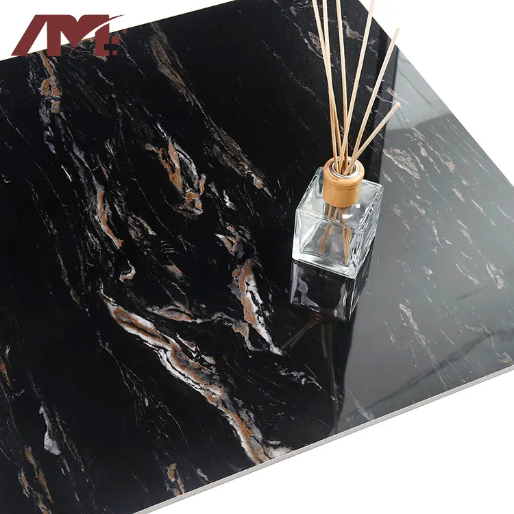 Marble-Look Black Polished Porcelain Floor Tile 600x600mm