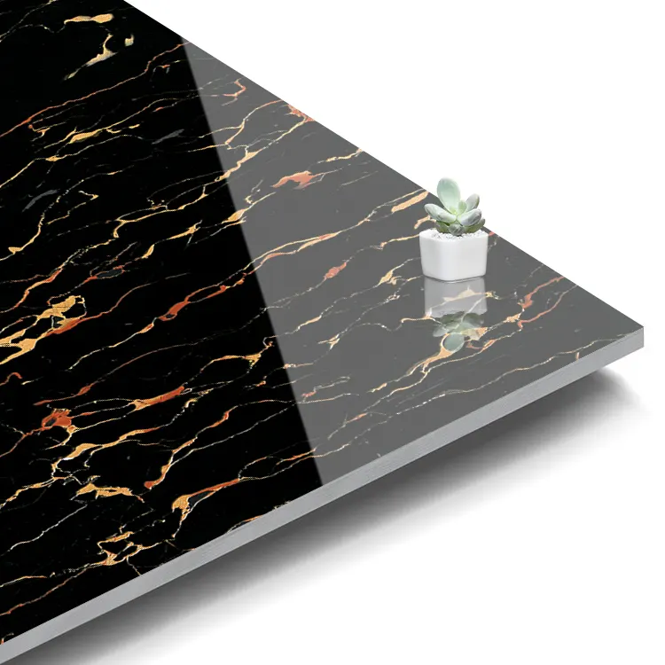 Marble-Look Black/Gold Polished Porcelain Floor Tile 600x600mm