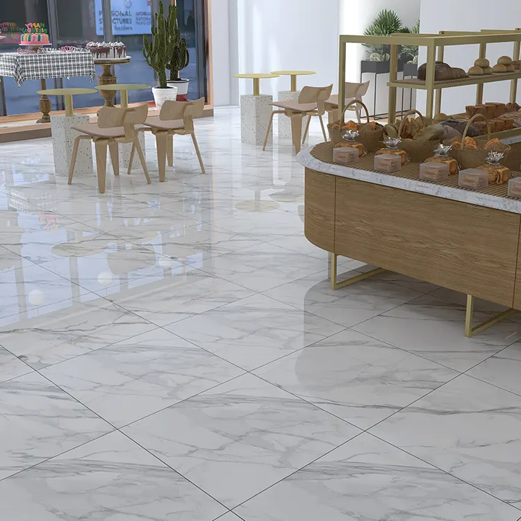 Marble-Look White Glossy Porcelain Wall And Floor Tile 600x600mm