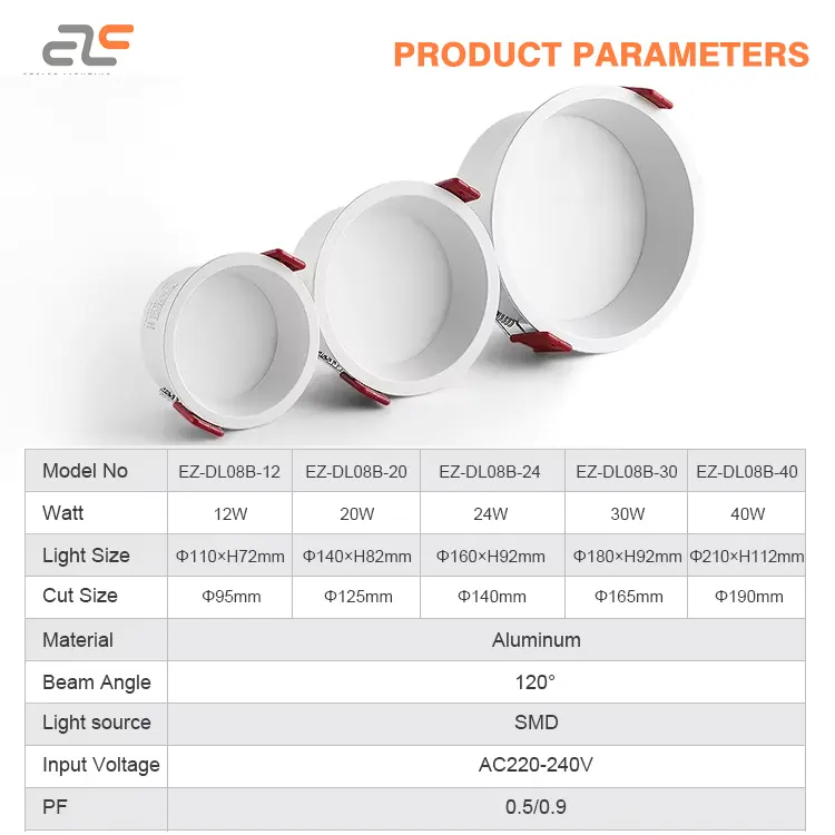 Recessed Aluminum LED Downlight 12-40W IP20 product sample