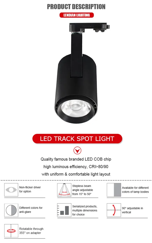 Surface-Mounted Aluminum LED Track Spotlight 10-40W for 3-Wire Track 2700-6000K