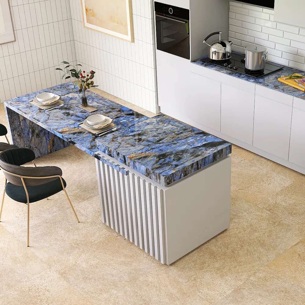 Marble-Look Blue Glossy Sintered Stone Slab 1600x3200mm