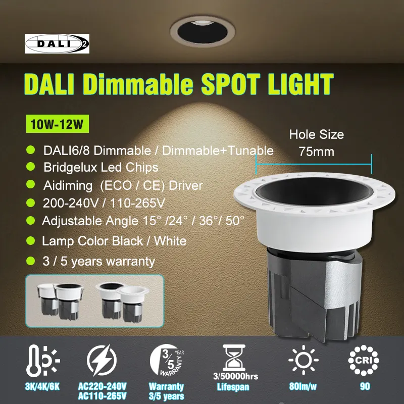 Anti-Glare Adjustable Dimmable Recessed COB LED Downlight 10/12W 75mm