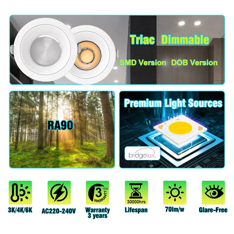 Anti-Glare Adjustable Dimmable Recessed COB LED Downlight 12W
