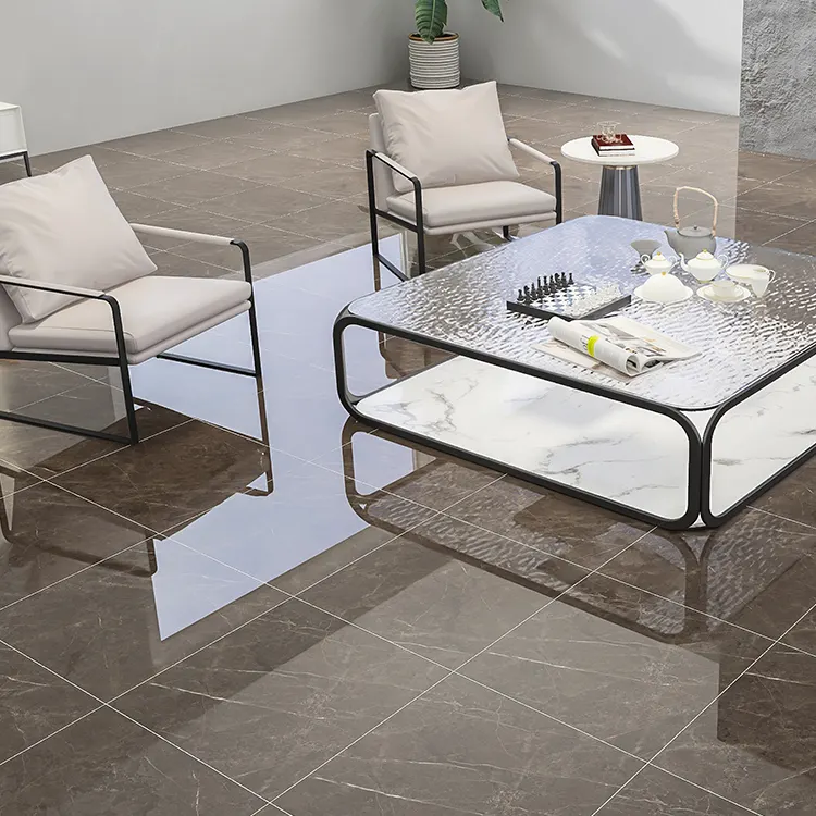 Marble-Look Brown Glossy Porcelain Wall And Floor Tile 600x600mm