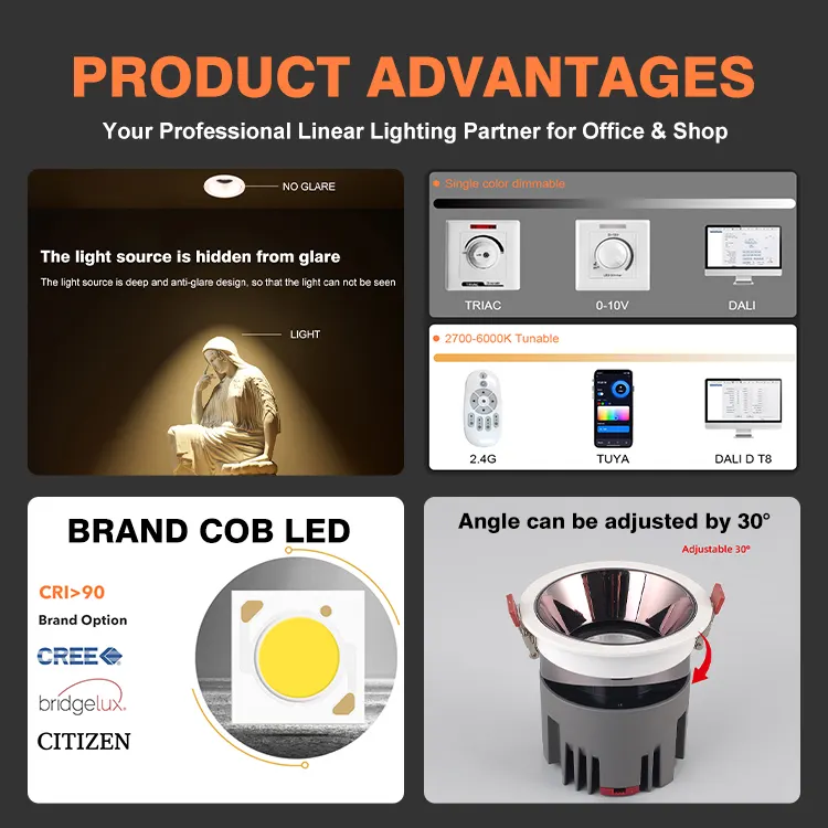 Adjustable Recessed Aluminum COB LED Downlight 5-18W 2700K/3000K/3500K