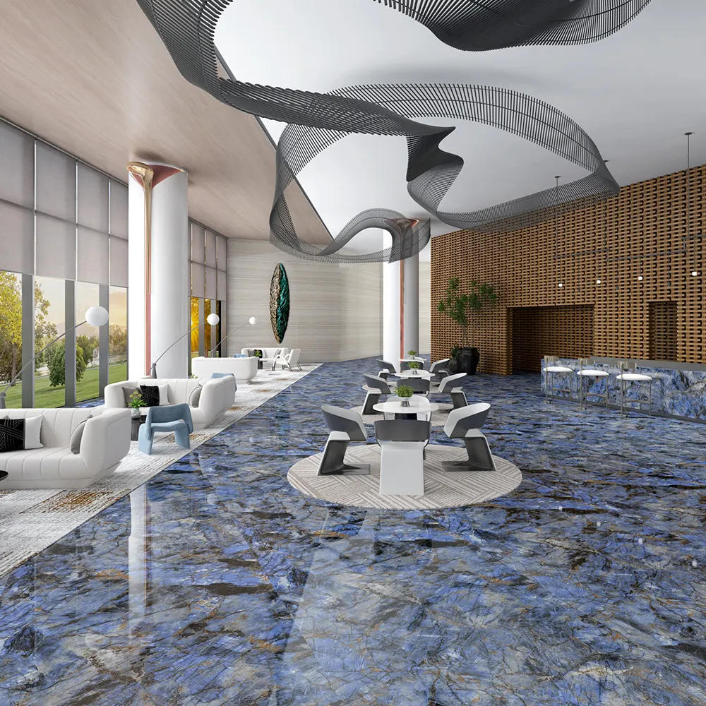 Marble-Look Blue Glossy Sintered Stone Slab 1600x3200mm
