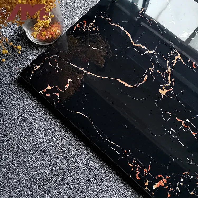 Marble-Look Black Glossy Porcelain Floor Tile 600x600mm