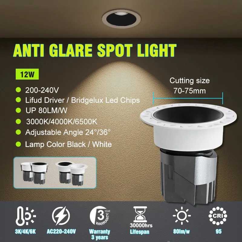 Anti-Glare Adjustable Recessed COB LED Downlight 8-18W IP44