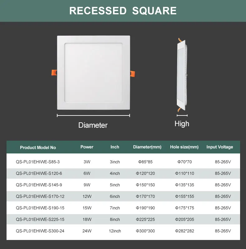 Slim Recessed Square LED Panel Light 3-24W