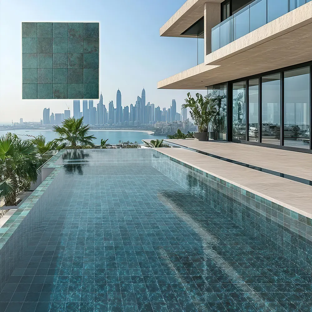 Non-Slip Stone-Look Green Porcelain Swimming Pool Tile 150x150mm
