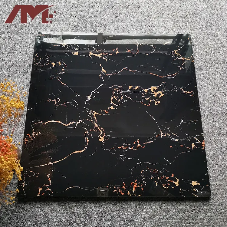 Marble-Look Black Glossy Porcelain Floor Tile 600x600mm