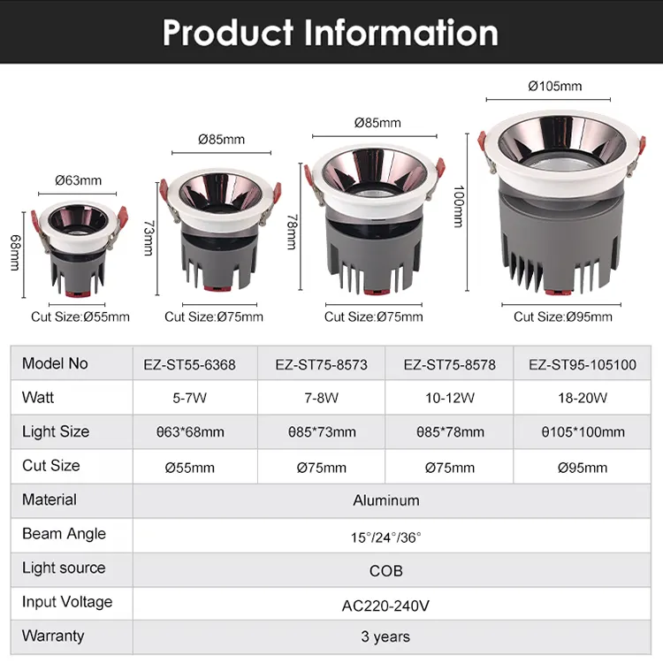 Adjustable Recessed Aluminum COB LED Downlight 5-18W 2700K/3000K/3500K product sample