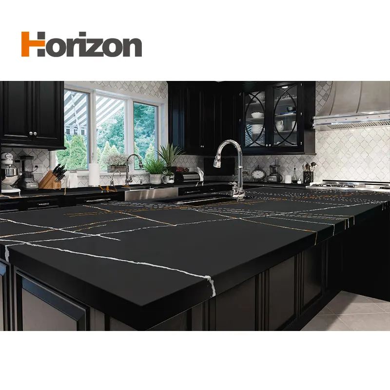 Marble-Look Black Engineered Quartz Slab 3200x1600mm