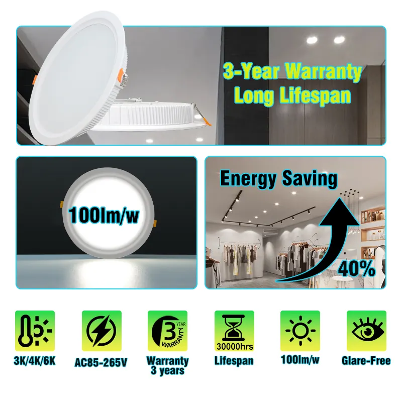 Round Aluminum LED Downlight 6-24W 100mm 3000K/4000K/6500K