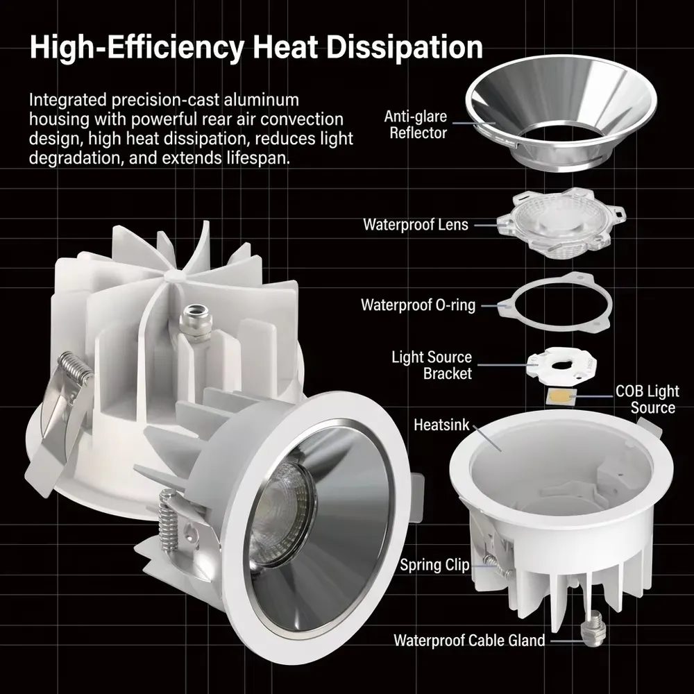 Recessed Aluminum COB LED Downlight 12-60W IP44