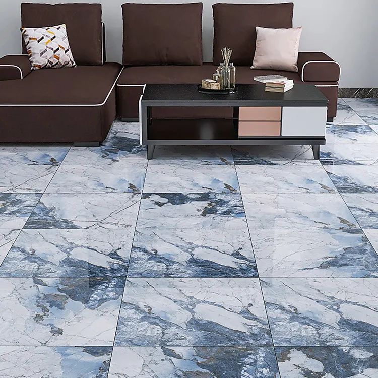 Marble-Look Blue Glossy Porcelain Floor Tile 600x600mm