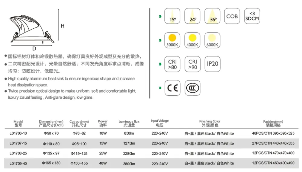 Adjustable Recessed Aluminum LED Downlight 10-40W