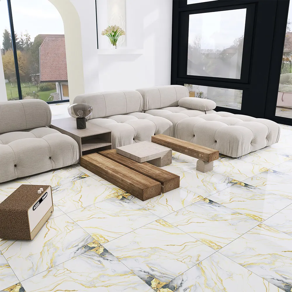 Marble-Look Gold Polished Porcelain Floor Tile 600x600mm