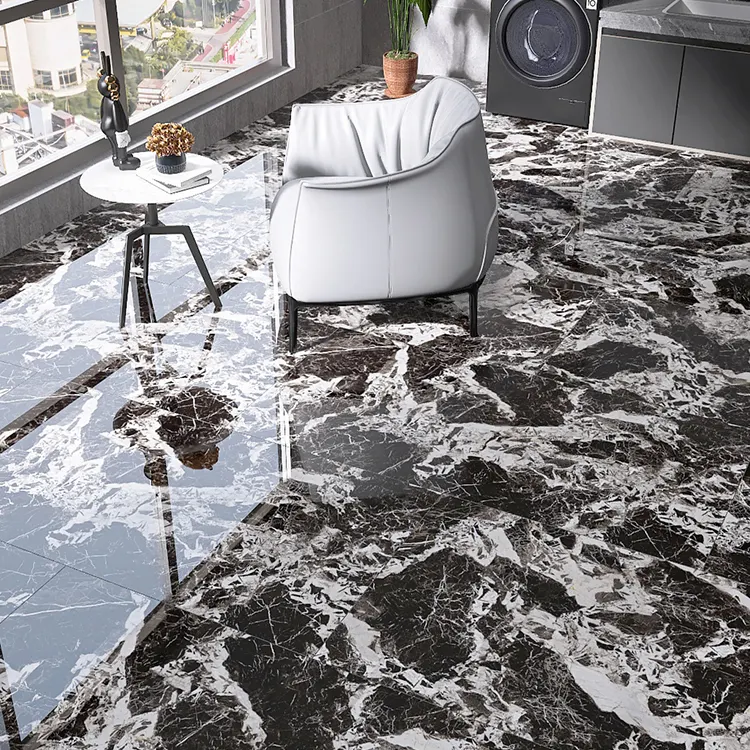 Non-Slip Marble-Look Black/White Glazed Porcelain Floor Tile 750x1500mm