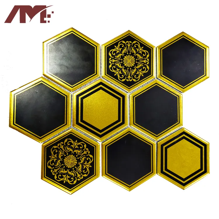 Black/Gold Hexagonal Ceramic Mosaic Tile 300x300 product sample