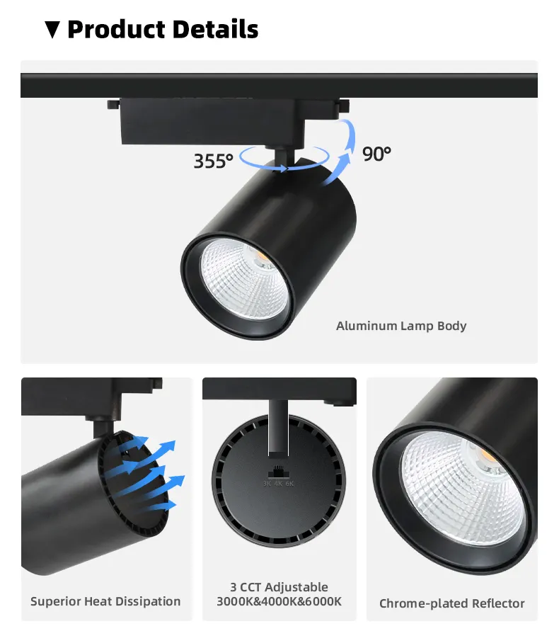 Aluminum COB LED Track Spotlight 35-50W For 2-Wire Track