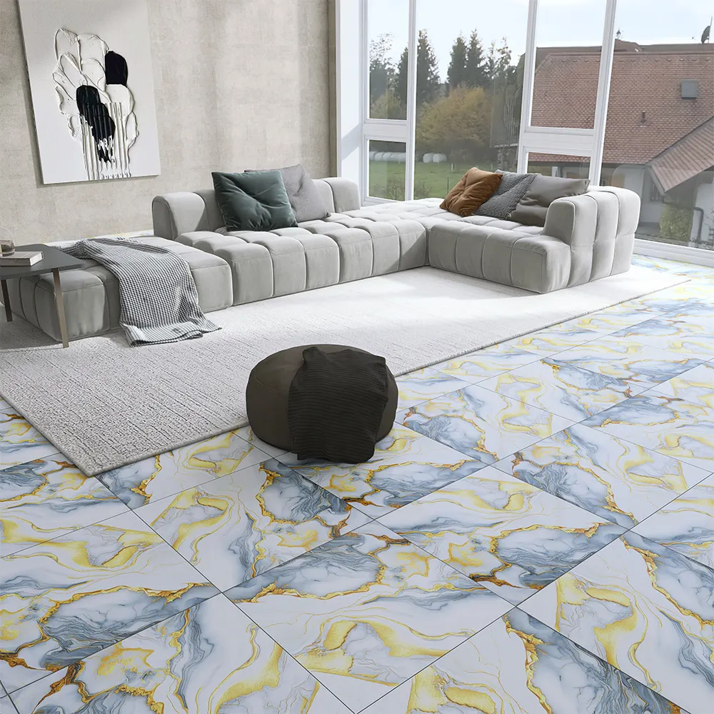 Marble-Look Gold Glossy Porcelain Floor Tile 600x600mm