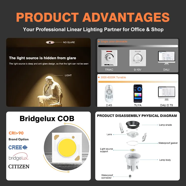 Adjustable Recessed Aluminum COB LED Downlight 10-20W IP65 2700K/3000K/3500K