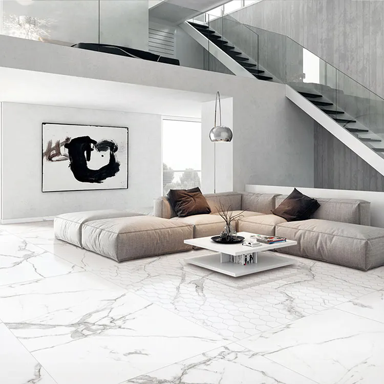 Non-Slip Marble-Look White Polished Porcelain Floor Tile 600x1200mm