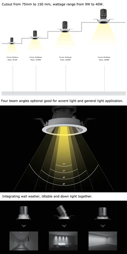 Recessed Aluminum LED Downlight 9-40W 2700-6000K