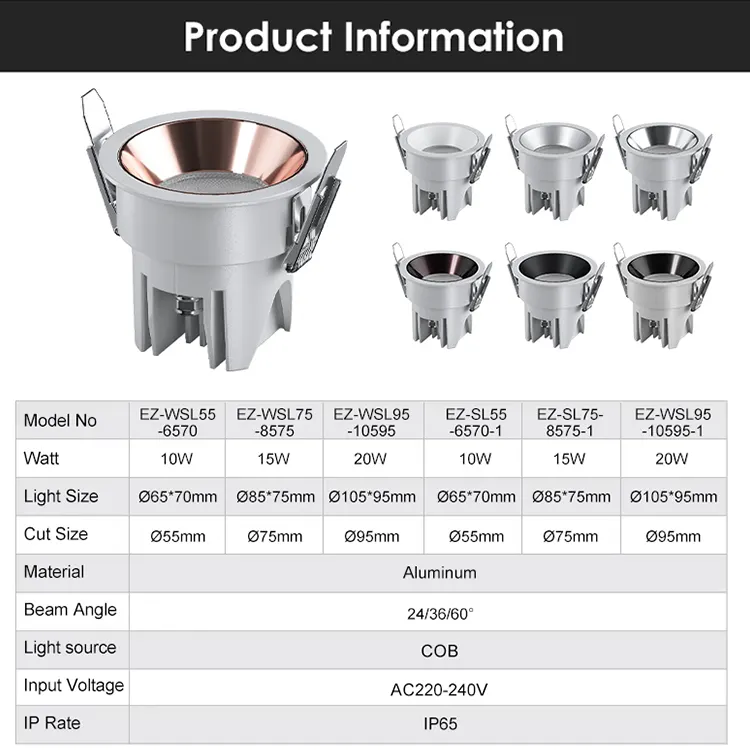 Adjustable Recessed Aluminum COB LED Downlight 10-20W IP65 2700K/3000K/3500K product sample