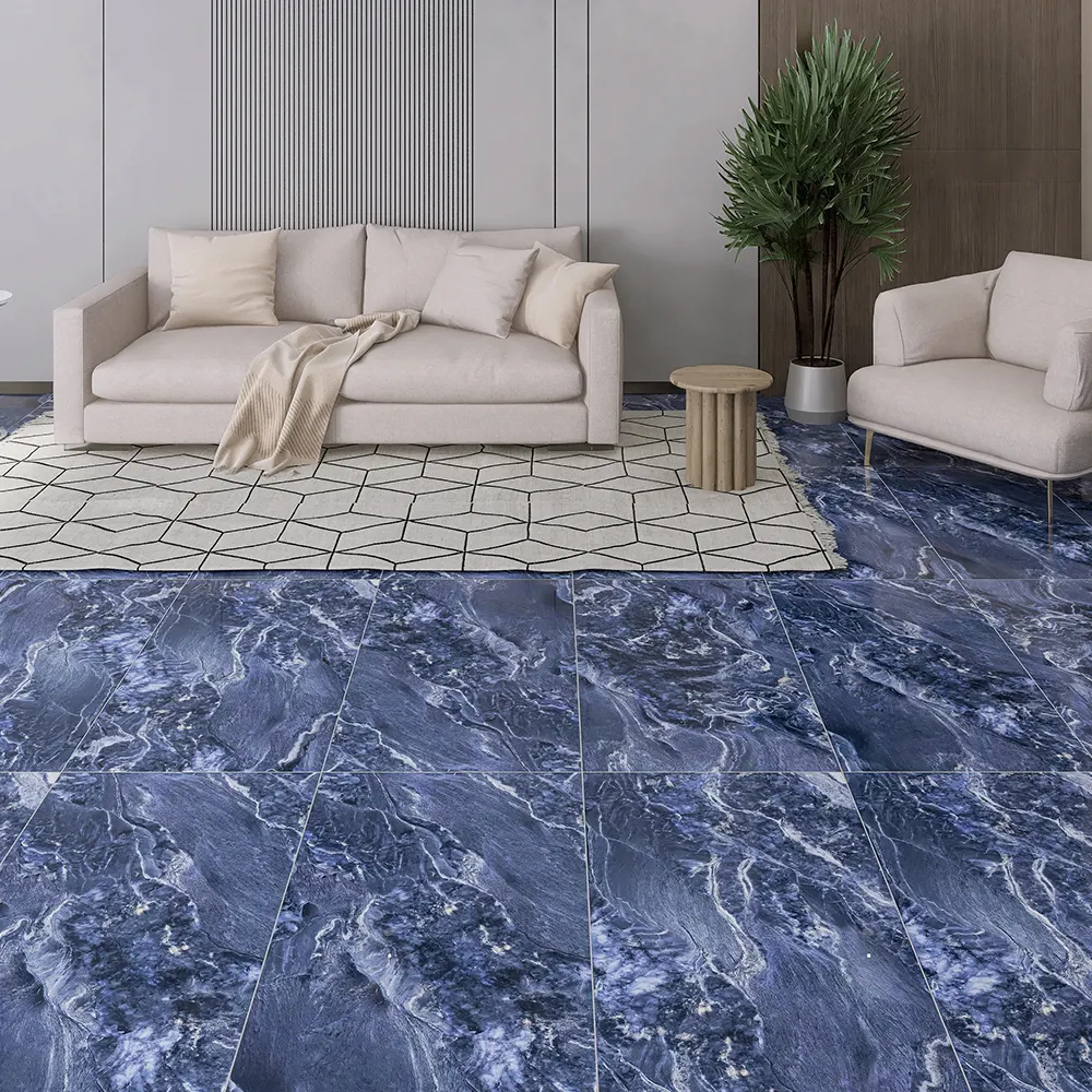 Marble-Look Blue Glazed Porcelain Floor Tile 600x1200mm