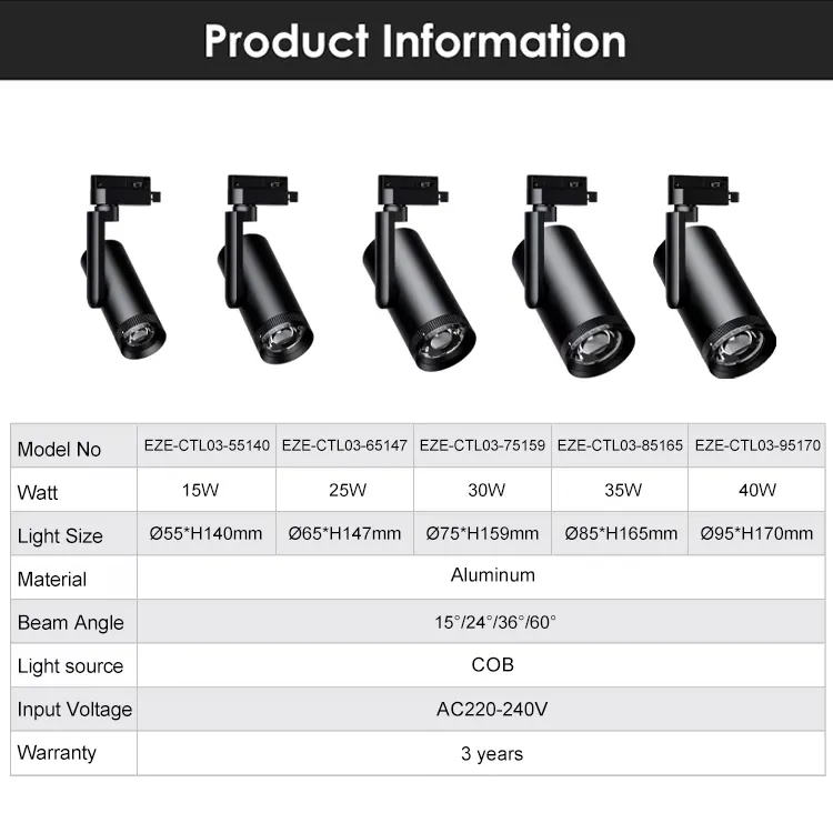 Adjustable Dimmable Aluminum LED Track Spotlight Black/White 15W IP20