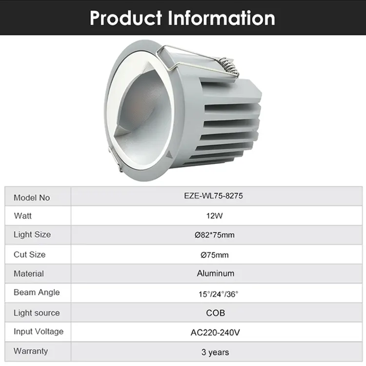 Adjustable Recessed Aluminum COB LED Downlight Gray 12W