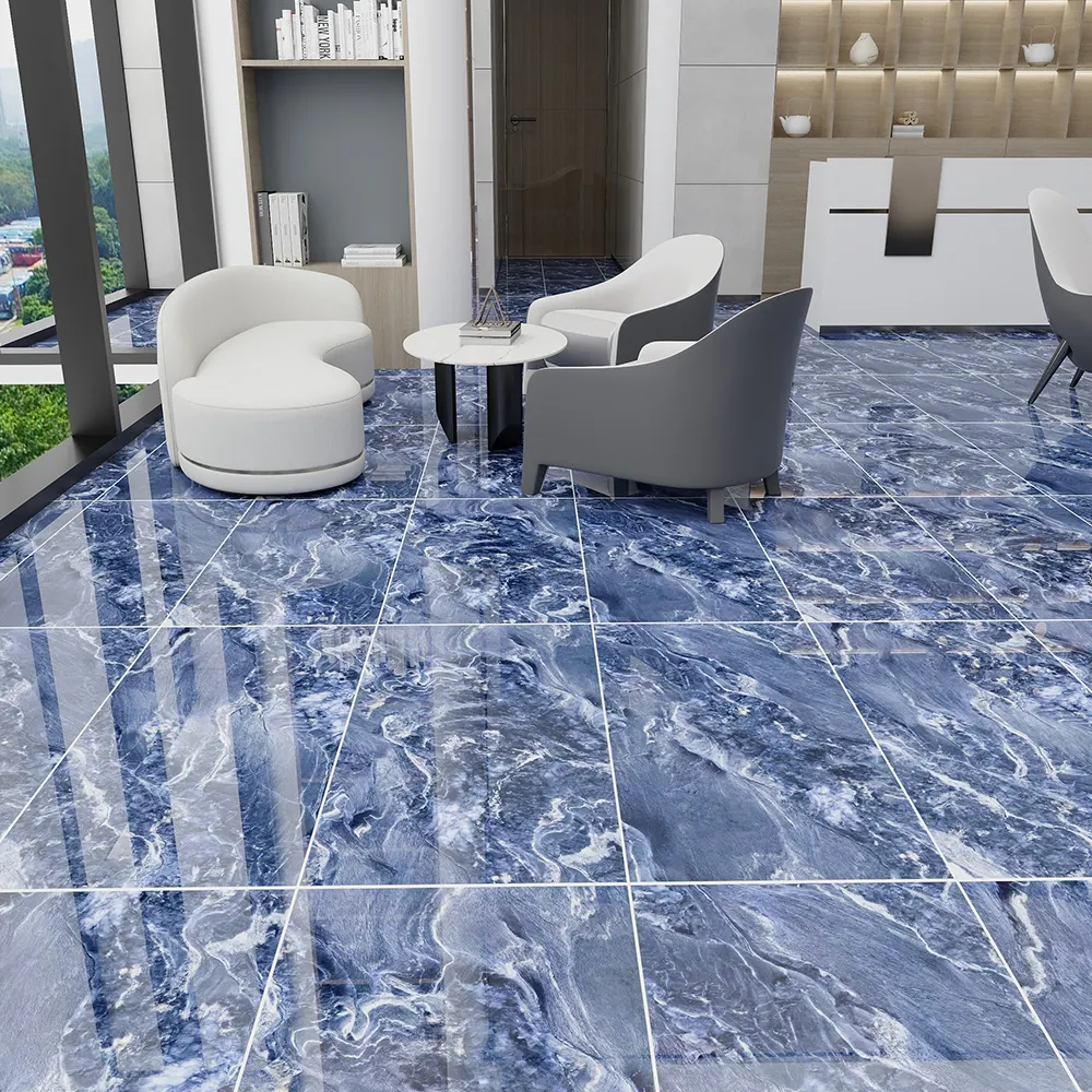 Marble-Look Blue Glazed Porcelain Floor Tile 600x1200mm