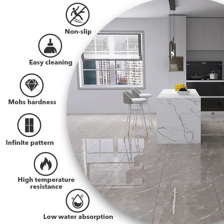 Marble-Look Light Gray Polished Porcelain Floor Tile 600x600mm