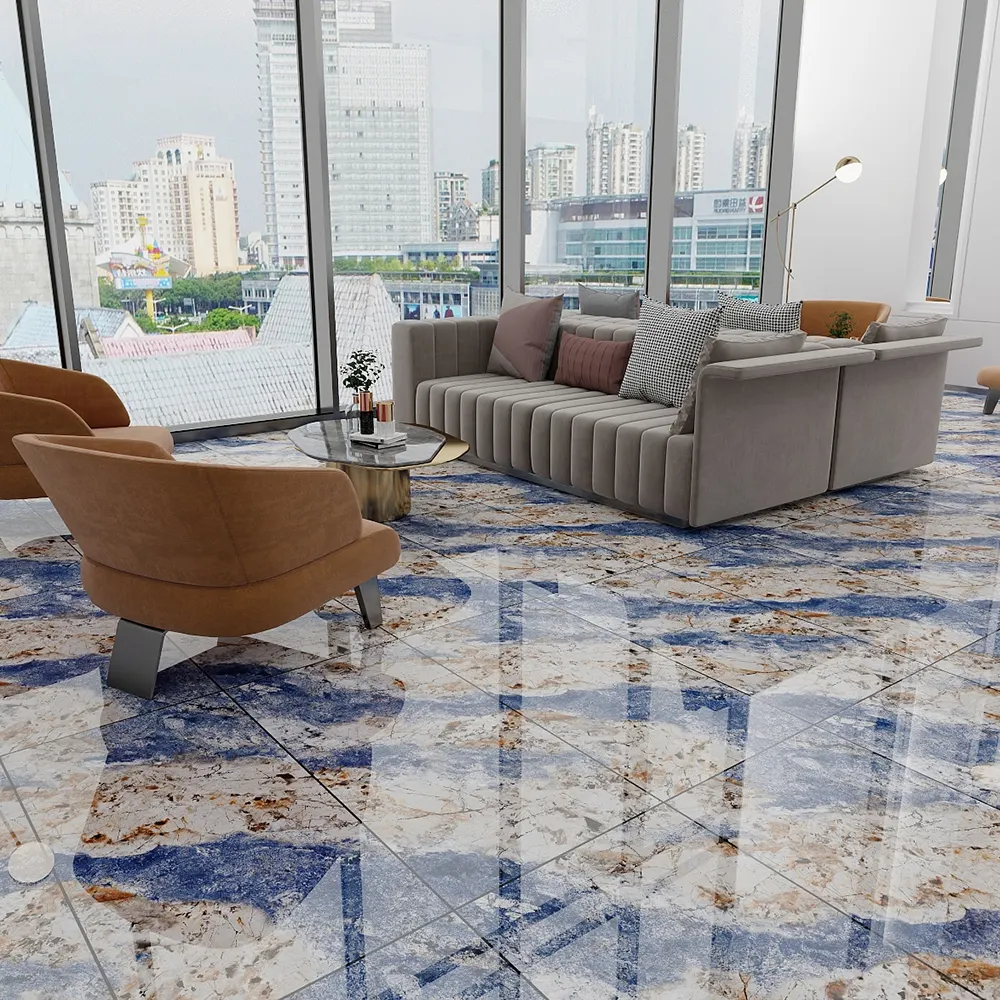 Marble-Look Blue Polished Porcelain Floor Tile 600x1200mm