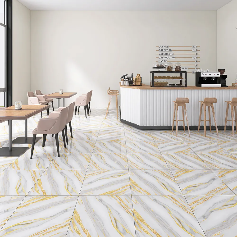 Non-Slip Marble-Look Gold Glazed Porcelain Floor Tile 600x600mm